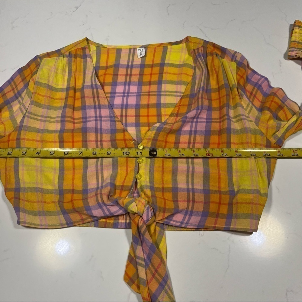 BP Yellow Orange Purple Tartan Plaid Front Tie Crop Top Medium - Picture 11 of 13